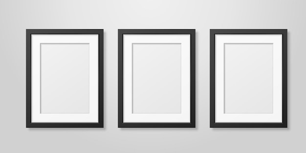 Drie Vector realistische Mofern interieur zwarte lege verticale A4 houten Poster foto Frame instellen close-up op witte muur Mockup lege Poster Frames ontwerpsjabloon voor Mockup presentatie