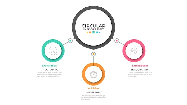 Drie veelkleurige cirkels verbonden met het ronde hoofdelement in het midden, 3 kenmerken van het bedrijfsprocesconcept. Minimalistische infographic ontwerpsjabloon. Vectorillustratie voor presentatie, website.