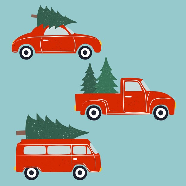 Vector drie verschillende retro auto's met kerstbomen platte stijl clipart