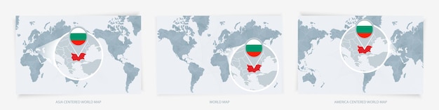 Drie versies van de wereldkaart met de vergrote kaart van Bulgarije met vlag