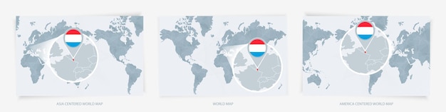 Vector drie versies van de wereldkaart met de vergrote kaart van luxemburg met vlag