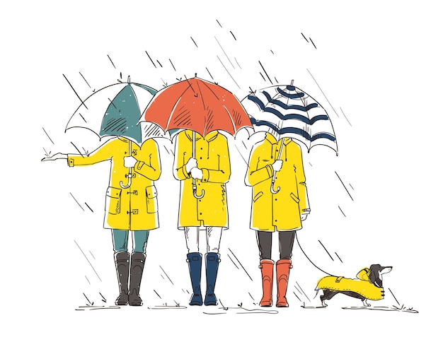 Drie vrienden met een hond die in de regen loopt met paraplu's Vectorbeelden