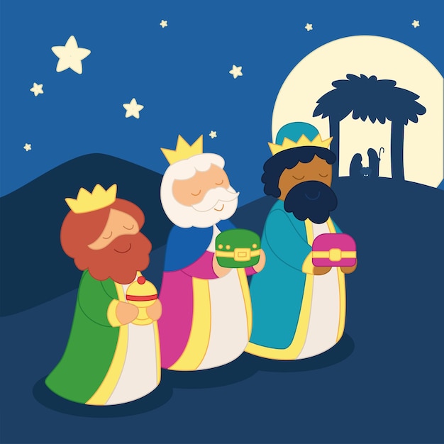 Drie wijze mannen cartoon kawaii silhouet van kerststal