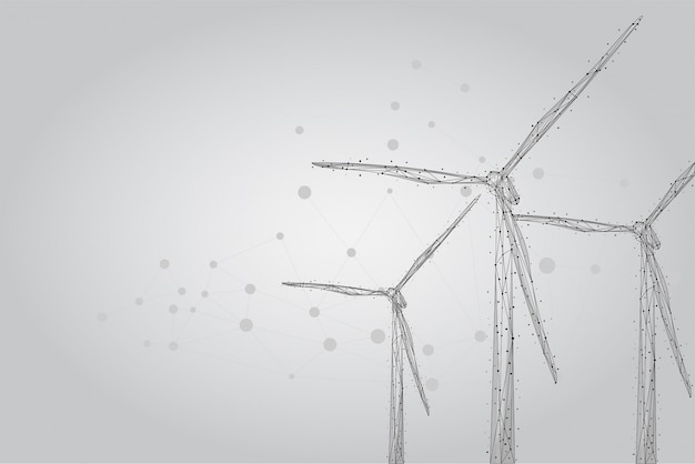 Drie windmolens bestaande uit punten, lijnen en vormen. windturbines veld. hernieuwbare alternatieve bronnen van elektrische energie