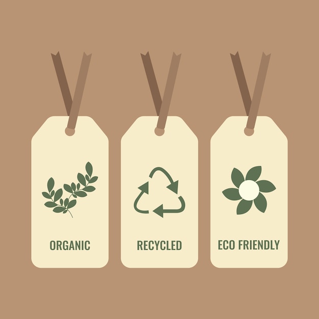 Drie witte eco-tags met groene tak recycle icoon en bloem Vector illustratie