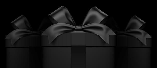 Drie zwarte cadeau dozen verpakt met satijn lint op een donkere achtergrond giftbox banner vector ontwerp