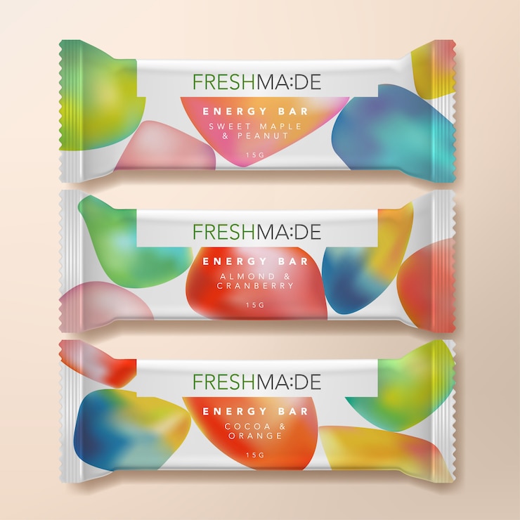 Vector  dried fruit or oatmeal protein energy bar packet packaging illustration with gradient abstract pattern printed.