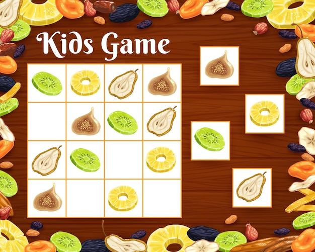 Vector dried fruit sudoku rebus kids game worksheet