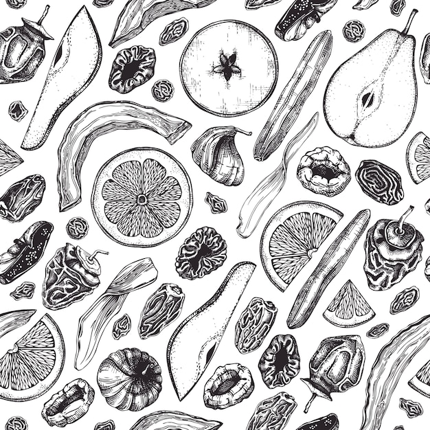 Dried fruits and berries seamless pattern. Hand drawn dehydrated fruits background with dried mango, melon, fig, apricot, banana, persimmon, dates, prune, raisin.