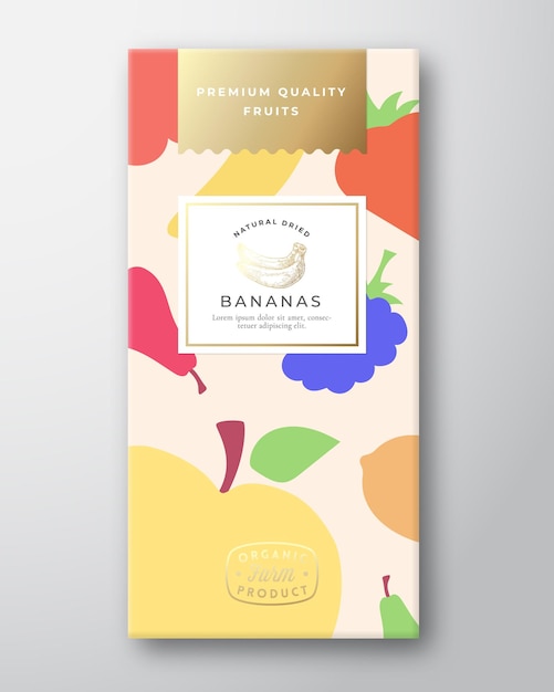 Dried Fruits Label Packaging Design Layout Abstract Vector Paper Box with Colorful Fruit and Berries Pattern Background Cover Modern Typography and Hand Drawn Bananas