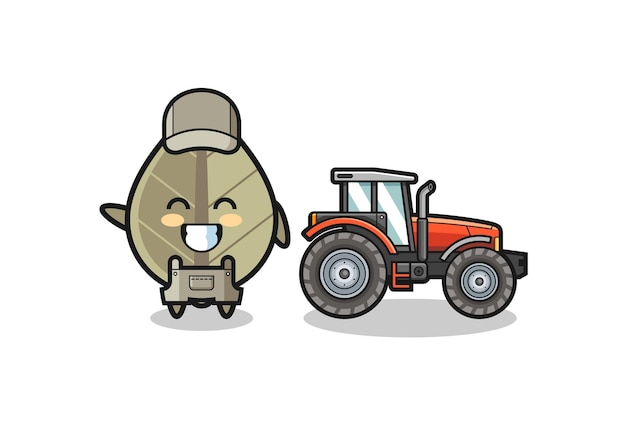 The dried leaf farmer mascot standing beside a tractor