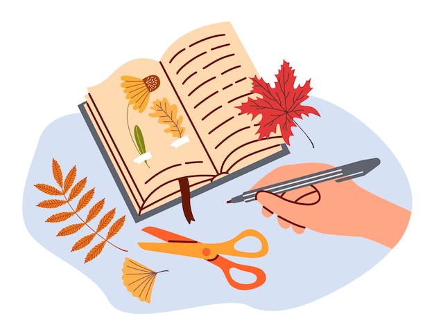 Dried leaves and flowers in a book hand glues herbarium into book and signs name of plants flat vector illustration