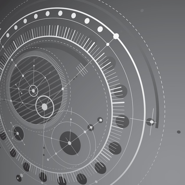 Driedimensionaal mechanisch schema, monochrome vector technische tekening met cirkels en geometrische delen van het mechanisme. technisch plan kan gebruikt worden in webdesign en als wallpaper.