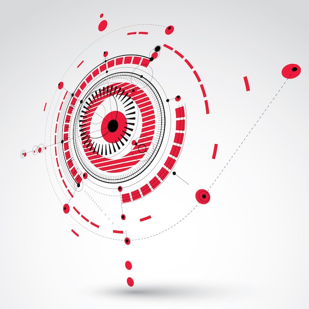 Driedimensionaal mechanisch schema, rode vector technische tekening met cirkels en geometrische delen van het mechanisme. Technisch plan kan gebruikt worden in webdesign en als wallpaper.