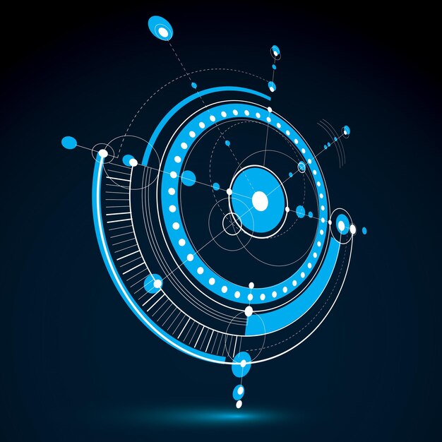Driedimensionaal mechanisch schema, vector technische tekening met cirkels en geometrische delen van het mechanisme. Technisch plan kan gebruikt worden in webdesign en als wallpaper.