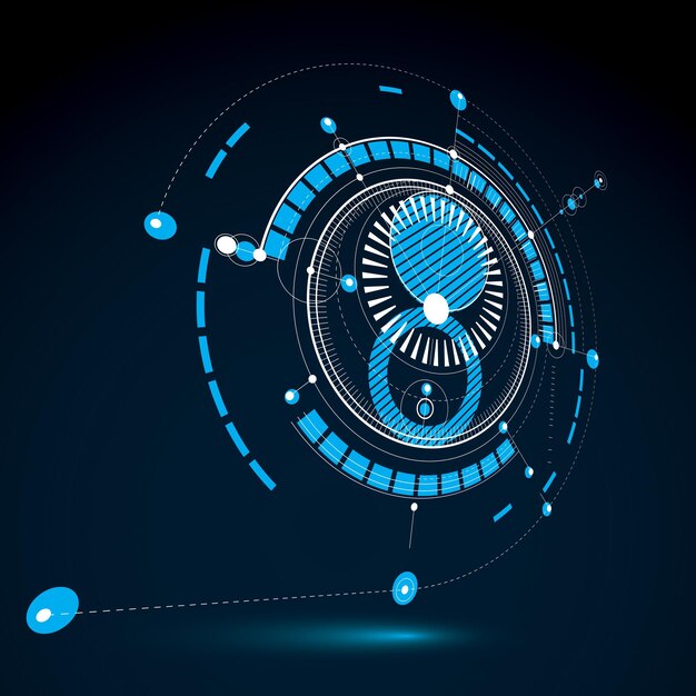 Driedimensionaal mechanisch schema, vector technische tekening met cirkels en geometrische delen van het mechanisme. Technisch plan kan gebruikt worden in webdesign en als wallpaper.