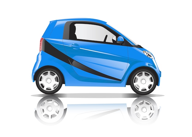 Driedimensioneel beeld van blauwe auto dat op witte achtergrond wordt geïsoleerd