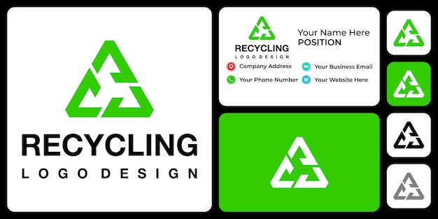 Driehoek recycling logo ontwerp met sjabloon voor visitekaartjes.