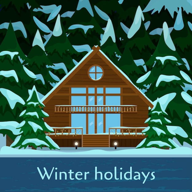 Vector driehoekig modern houten huis in het bos met sneeuwval kerstboom wintervakantie platte vectorillustratie