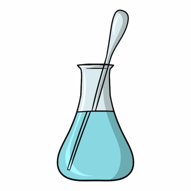 Driehoekige glazen kolf met blauwe oplossing en maatlepel voor experimenten vector cartoon afbeelding