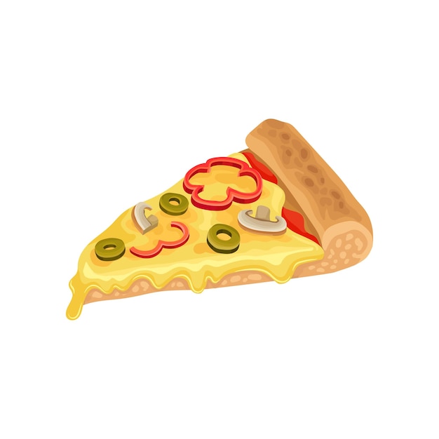 Driehoekplak van klassieke pizza met kaas, tomatensaus, groene olijven, champignons en peper Smakelijk fastfood Platte vectorpictogram