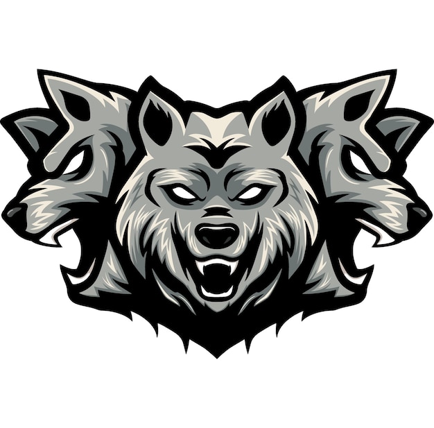 Vector driekoppige wolf mascotte ontwerp