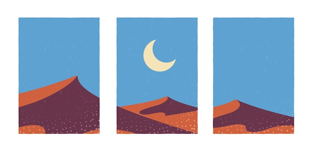 Drieluik woestijnlandschap zandduinen en de maan aan de horizon vector illustratie van de natuur