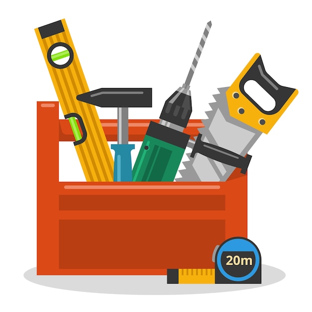 Drill, hammer, saw, and level in the tool box. Vector illustration