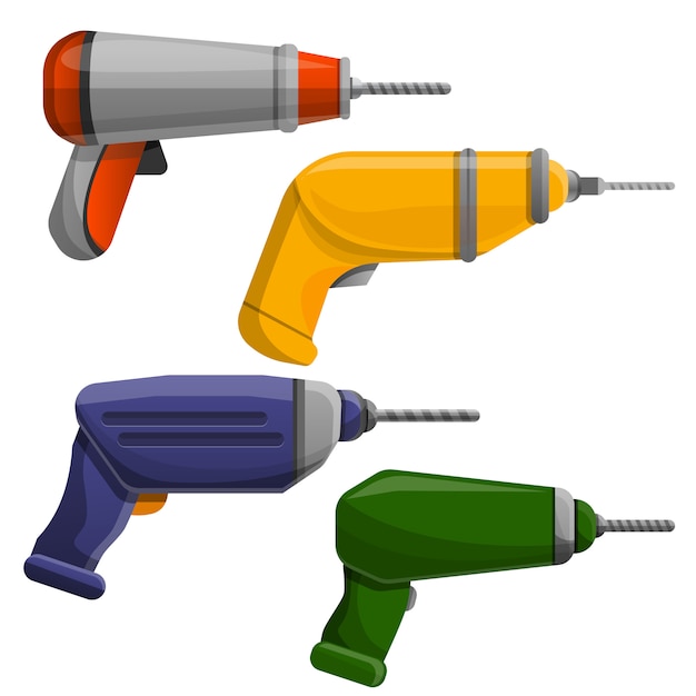 Vector drilling machine icon set, cartoon style