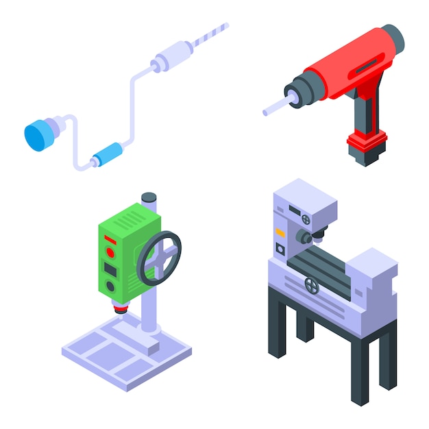 Drilling machine icons set, isometric style