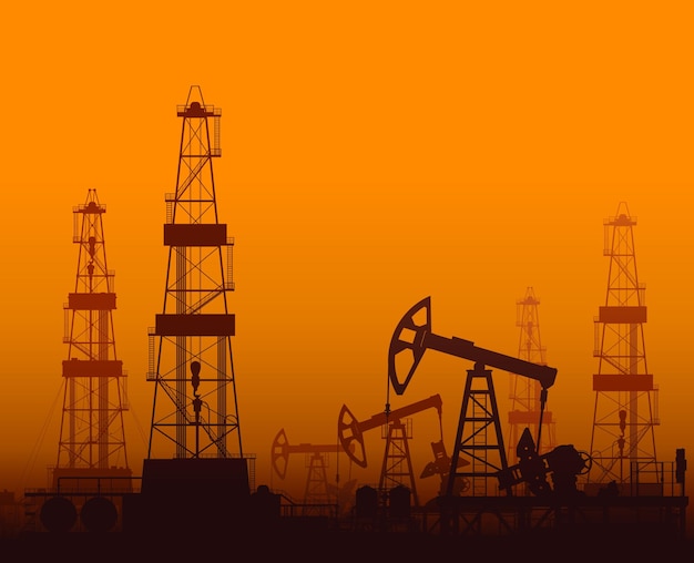 Drilling rigs and oil pumps at orange sunset in desert. detail vector illustration.