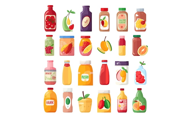 飲料および食品セットの背景に分離されたベクトル漫画の平らな要素