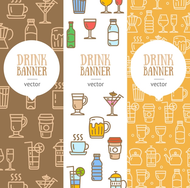 Vector drink banner flyer verticale set dunne lijn pixel perfect art. materiaal ontwerp. vector illustratie