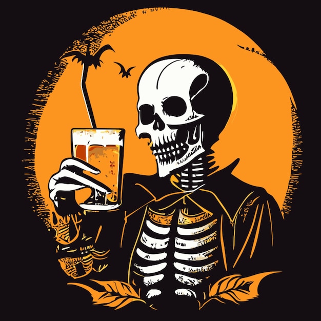 drink and be scary featuring a skeleton enjoying a halloween feast vector illustration