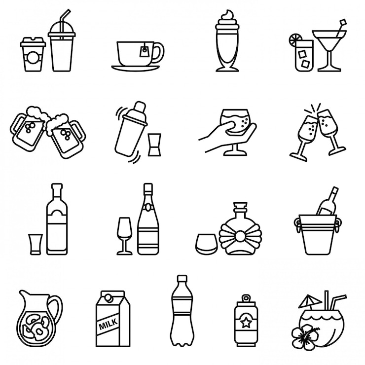 Vector 飲み物と飲み物のアイコンを設定します。細い線スタイルのストック。
