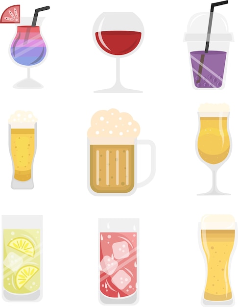 さまざまなドリンク グラス スタイルの飲み物と飲み物のベクトル図
