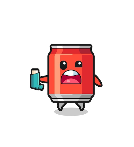 Vector drink can mascot having asthma while holding the inhaler cute design