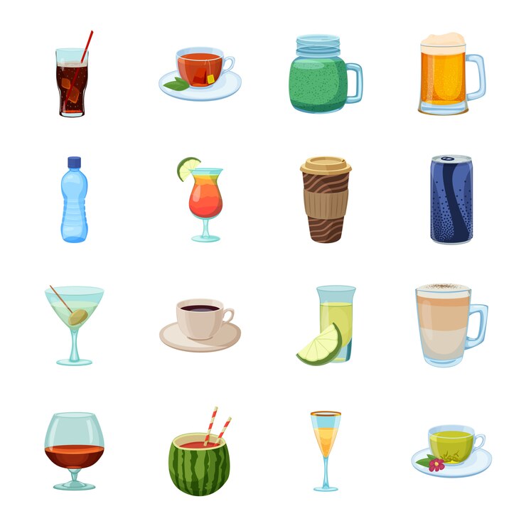 Vector drink cartoon icon set, cocktail and alcohol.