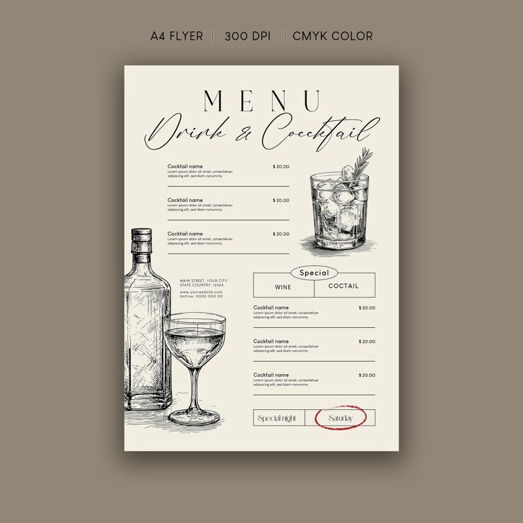 Vector drink and cocktail menu
