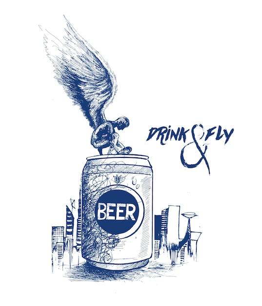 Drink and fly Angel open a beer can with urban city background Hand Drawn Vector Background