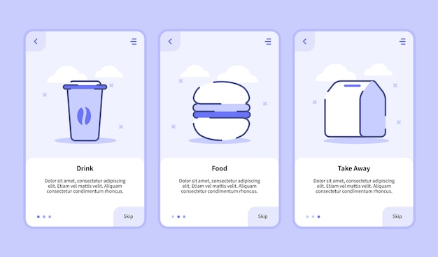 모바일 앱의 온 보딩 화면에서 음식을 마셔보세요