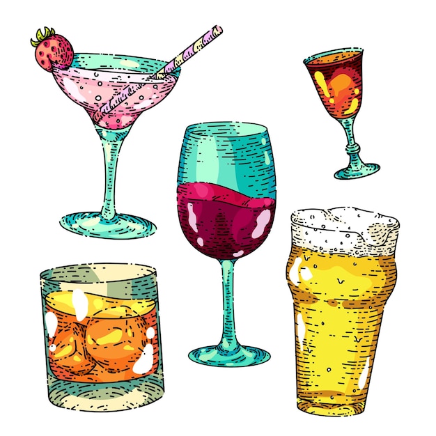 Drink glass set sketch hand drawn vector