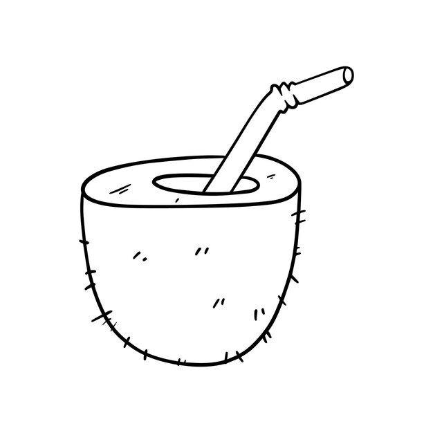 Drink in half coconut shell cocktail with tube doodle linear cartoon coloring