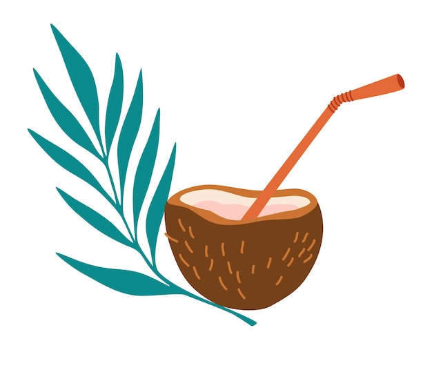 Drink in kokosnoot Exotische cocktails met stro en tropische bladeren Gegoten in Coconut Fruit Verfrissende zomerdrank voor menu web en grafisch ontwerp Vectorillustratie geïsoleerd op witte achtergrond