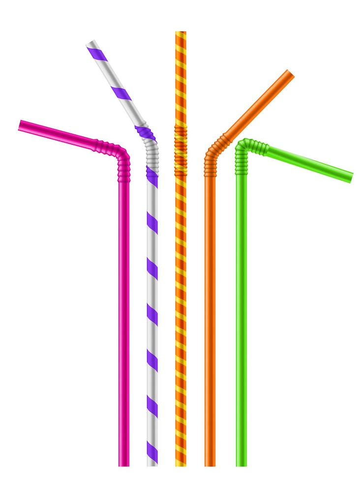 Vector drink kleur stro realistische drank heldere plastic pijpen met patronen verschillend gebogen soda buizen decoratie voor cocktails sap en koud water bar serveergereedschap vector geïsoleerde set