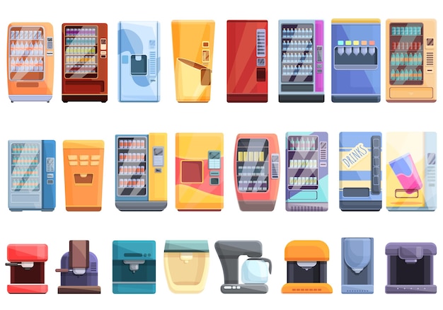 Drink machine icons set. Cartoon set of drink machine vector icons for web design