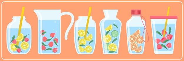 drink more water drinking water in a thermos and plastic mug glass bottle vector set of various bottles glass flask in hand drawn style correct daily habits morning rituals zero waste