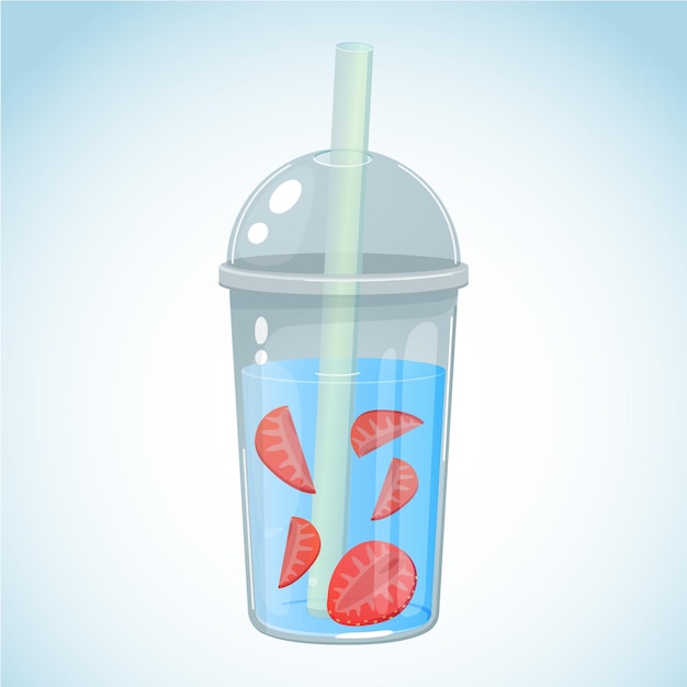 もっと水を飲む プラスチックのカップを持っていく イチゴのスライスが入った水