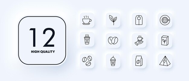 음료 세트 아이콘 컵 차 커피 곡물 티백 라떼 카푸치노 코코아 커피 브레이크 Java 개념 신형성 스타일 비즈니스 및 광고를 위한 벡터 라인 아이콘