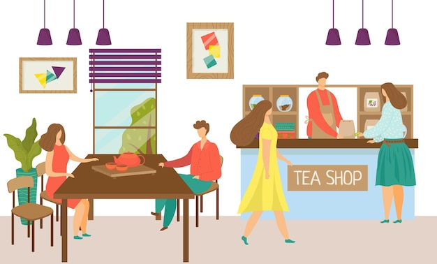 Drink tea at cartoon cafe vector illustration flat man woman character sit at teashop restaurant int...